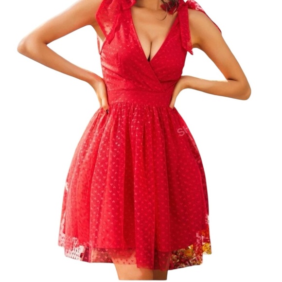 Red Heart Lacey V Neck Mini Valentines Dress Romantic Garden Boho Flirty - Picture 4 of 13